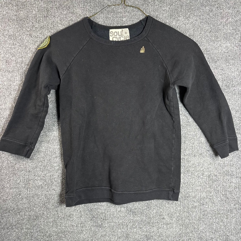 SoulCycle Womens XS Black Raglan Sweatshirt Skull Patch Gold Glitter Logo Fleece